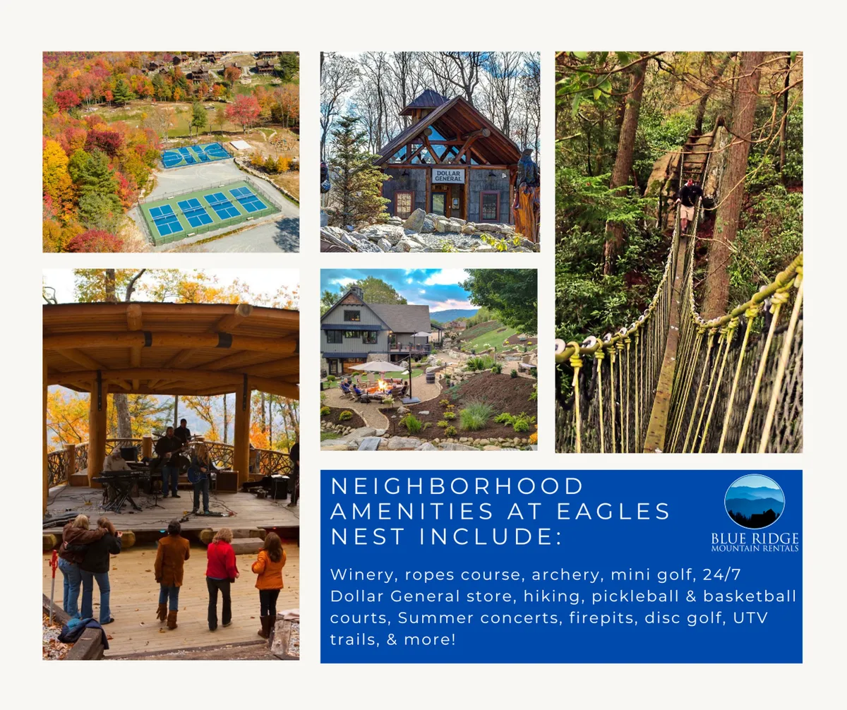 This vibrant exterior scene showcases the heart of the Eagles Nest community, featuring scenic mountain vistas, various recreational facilities, gatherings at an outdoor stage, and unique architectural elements like a rope bridge in the forest. The image is full of life and activity, with people enjoying hiking, mini golf, archery, summer concerts, and socializing around firepits.